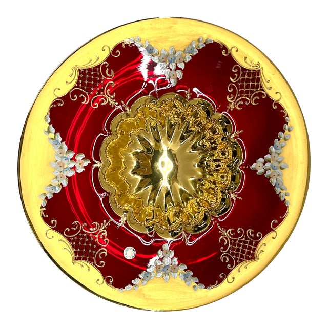 Murano Italy Hand Formed Painted Floral and Gold Plate / Bowl / Art Glass - Signed For Sale