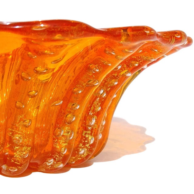 Mid 20th Century Vintage Barovier Toso Murano Bright Orange Bubbles Gold Flecks Italian Art Glass Scalloped Bowl For Sale - Image 5 of 8