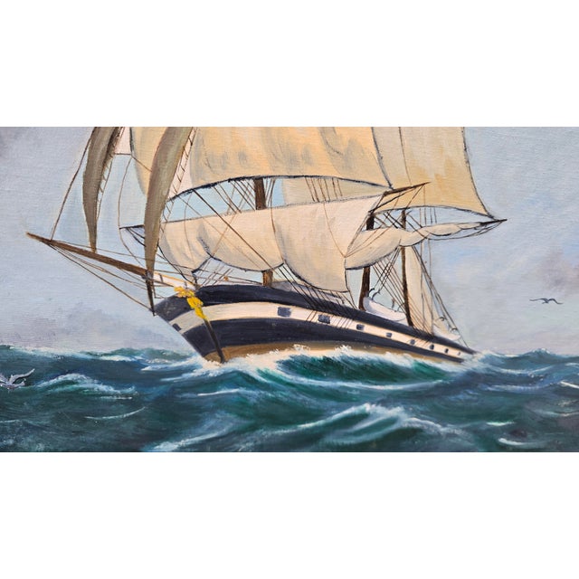 Vintage Mid Century Ship Clipper Sailing Through Choppy Waves Signed m.c. Besler For Sale In Los Angeles - Image 6 of 17