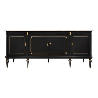 French Louis XVI Style Ebonized Mahogany Breakfront Enfilade With Carrara Marble, Circa 1920 For Sale