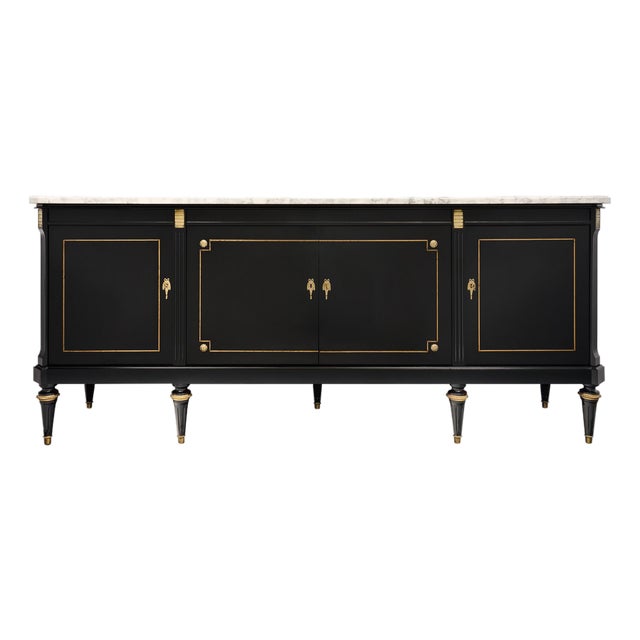 French Louis XVI Style Ebonized Mahogany Breakfront Enfilade With Carrara Marble, Circa 1920 For Sale