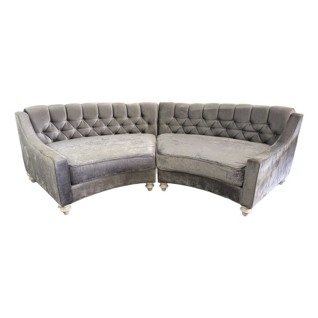 Hollywood Regency Two-Piece Curved Velvet Sectional Sofa For Sale