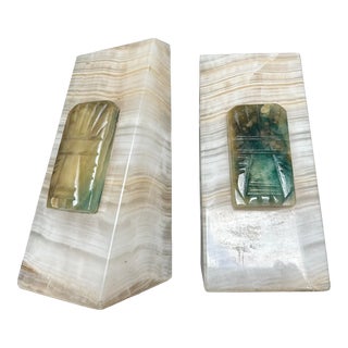 Mid Century White Onyx Marble Geometric Aztec Bookends For Sale