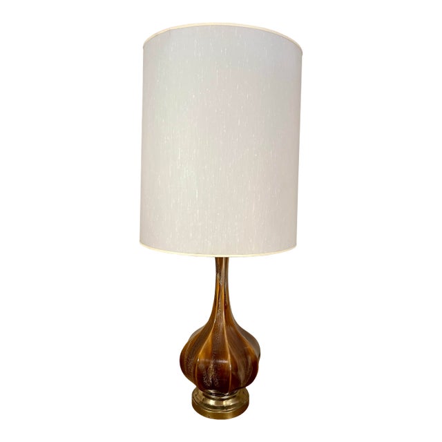 Mid Century Drip Glazed Lamp & Shade For Sale