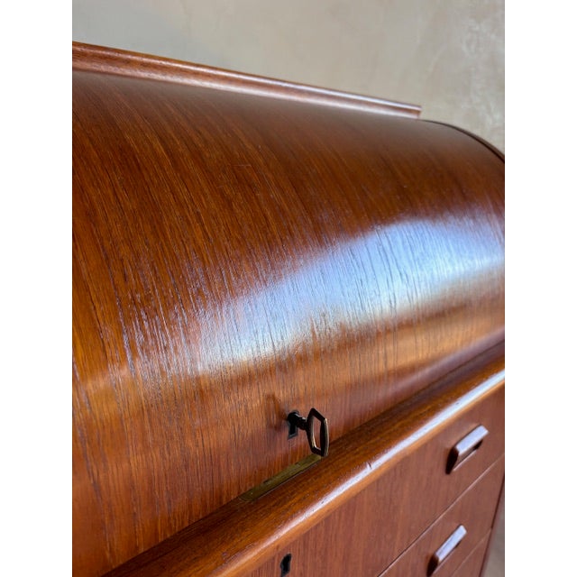 Mid-Century Modern Mid-Century Teak Rolltop Secretary Desk Signed Egon Ostergaard With Label Made in Sweden For Sale - Image 3 of 17