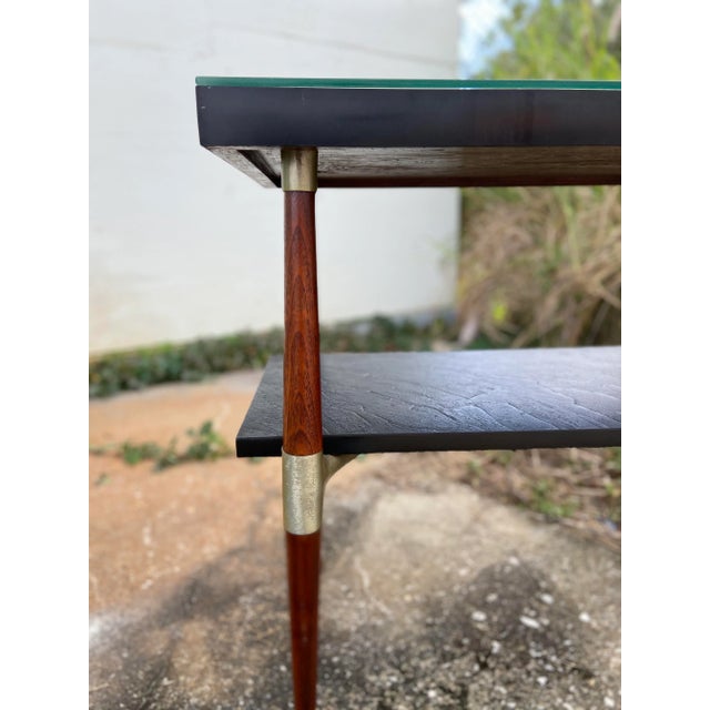Mid Century Modern Slate + Wood Side Table | Glass Top Cover + Brass Hardware For Sale - Image 9 of 12