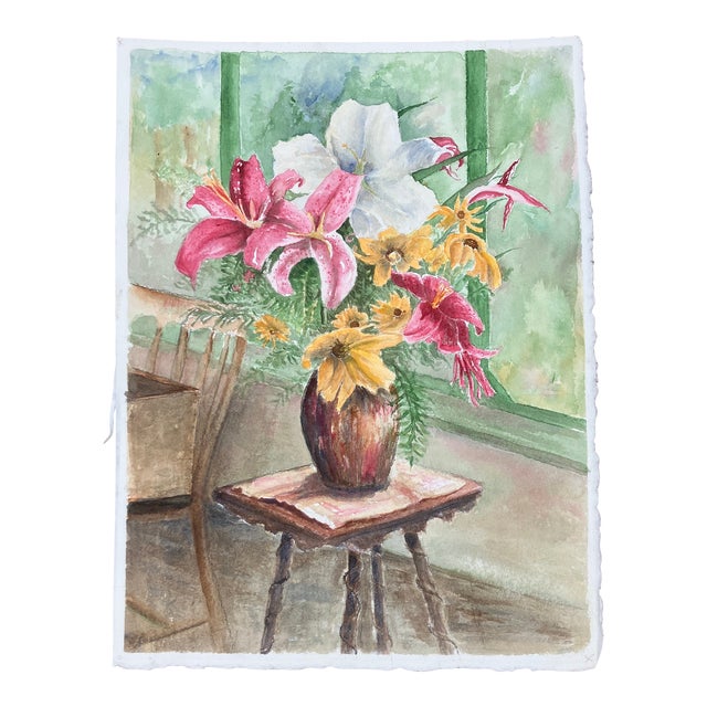 1980’s Original Still Life Floral Interior Watercolor Painting For Sale