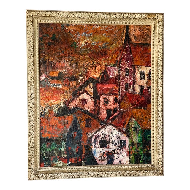 Vintage Abstract Cityscape Oil on Canvas Signed Artist For Sale