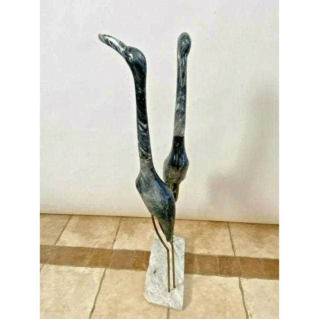 Mid Century Large Marble Flamingo Statue Birds Metal Legs White Stone Base For Sale - Image 4 of 10