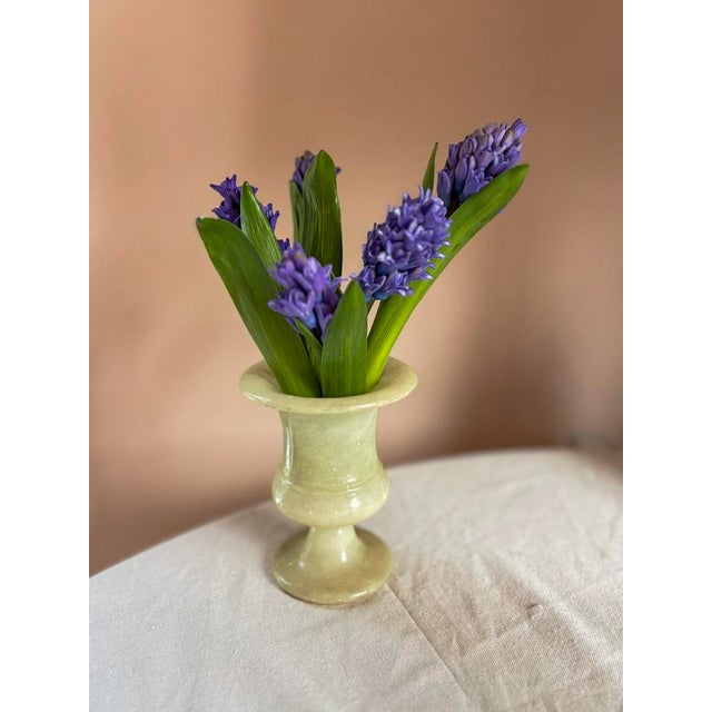 A beautiful hand-turned alabaster vase in a classic campagna or mortar form, featuring a wide flared rim, waisted neck,...