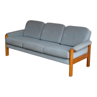 Teak Blue Sofa Mid-Century Modern 3 Seater Couch Broad Living Room Seating 1970s For Sale