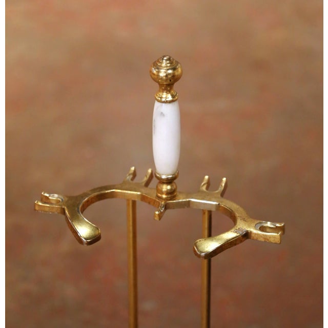 Metal Mid-Century French Brass and Marble Five-Piece Fireplace Tool Set With Stand For Sale - Image 7 of 10