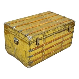 Antique Victorian Brass Clad Wooden Band Train Trunk Storage Treasure Chest For Sale
