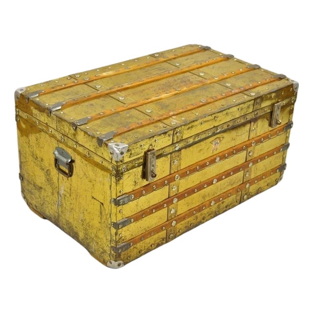 Antique Victorian Brass Clad Wooden Band Train Trunk Storage Treasure Chest For Sale