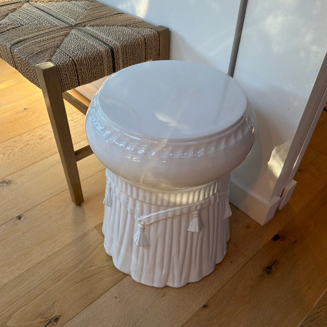 Hollywood Regency Vintage White Glazed Ceramic Garden Stool With Draped Rope and Tassel Design For Sale - Image 3 of 9