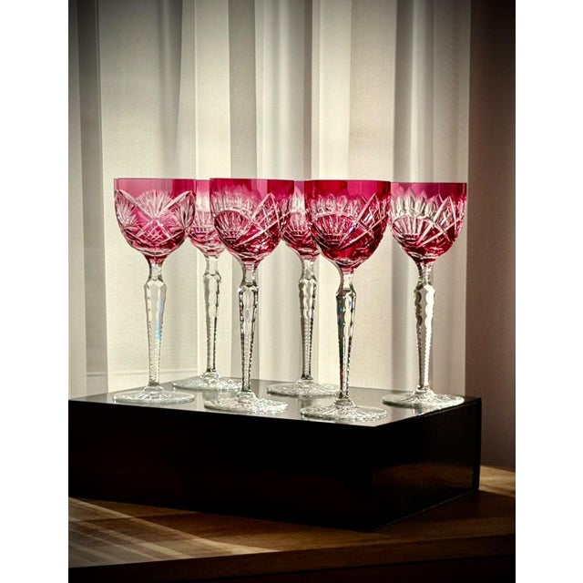 Ruby Cut Crystal Hock Glasses with Peacock and Starburst Cutting, 1950, Set of 6 For Sale - Image 4 of 18