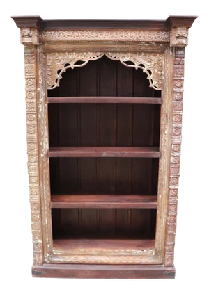 Antique Carved Arch Repurposed Long Exclusive Bookcase | Farmhouse Style Large Unique Display Case | Mediterranean Bookshelf