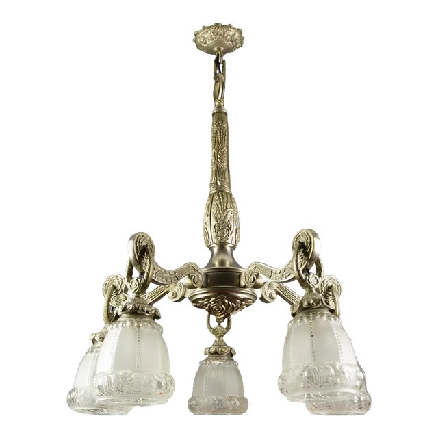 Art Deco Style Bronze and Frosted Glass Floral Chandelier, 1930s For Sale