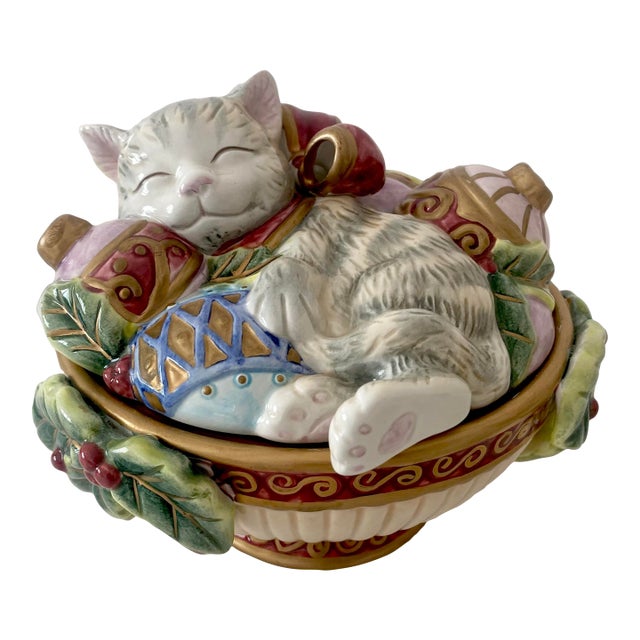 Vintage Fitz and Floyd Figurative Cat Lidded Trinket/Candy Dish For Sale