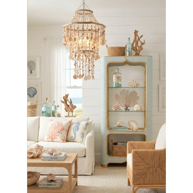 Serena & Lily Vintage Custom Painted Baby Blue Gold Arched Pencil Reed Glass Shelving Unit Etagere For Sale - Image 4 of 13