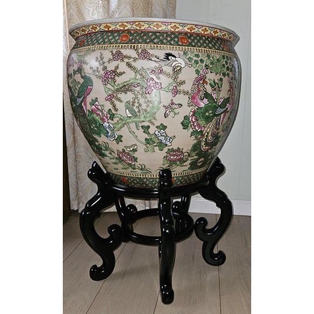 Figurative Chinese Fish Bowl Planter Monumental Pot, Ebony Stand - Porch, Patio, Sunroom, Decor Centerpiece For Sale - Image 3 of 7