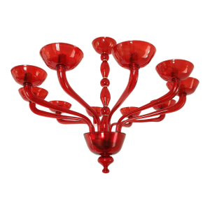 Large Red Murano Glass, Mid Century Modern Chandelier Italy 1980s
