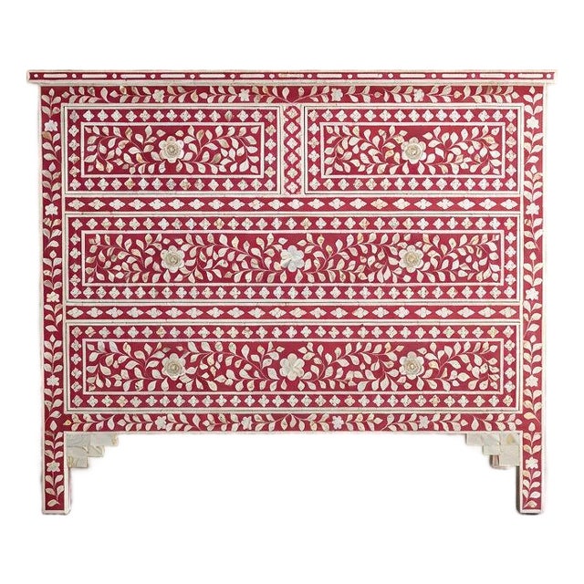Arabesque Pink Mother of Pearl Inlay Four Drawer Chest by House of Jaipur For Sale