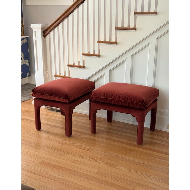 1970s Sculptural Arched Leg Rectangular Red Velvet Ottomans - A Pair For Sale - Image 12 of 12