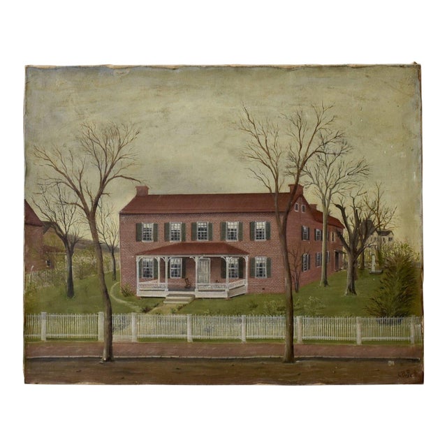 Antique Folk Art Virginian Brick Home Portrait on Canvas, Circa Late 19th Century For Sale
