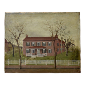 Antique Folk Art Virginian Brick Home Portrait on Canvas, Circa Late 19th Century