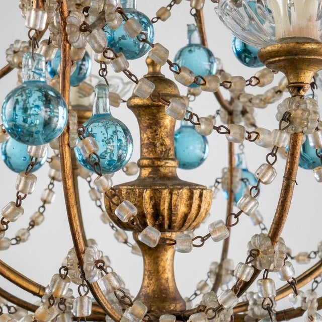 Metal Cage Basket Chandelier with Azure Crystal Drops, 1960s For Sale - Image 7 of 9