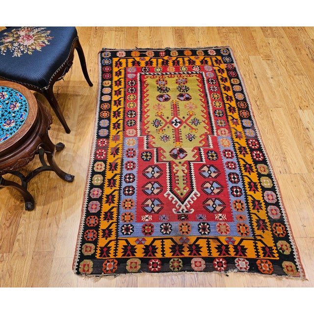 Turkish Vintage Turkish Kilim Rug, Flat-Woven Prayer Pattern, Yellow & Green, 4x6 For Sale - Image 3 of 16