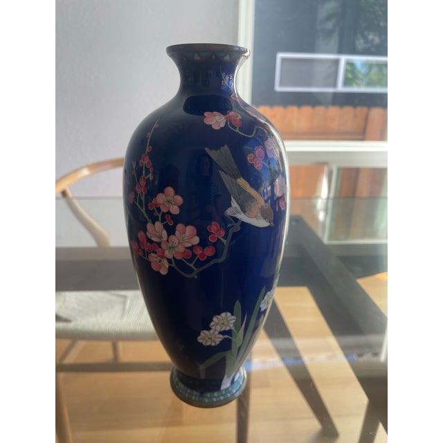 Stunning, Stamped Meiji Period Japanese Cloisonné Vase With Cherry Blossom, Iris and Sparrow Details, 10” For Sale - Image 9 of 12