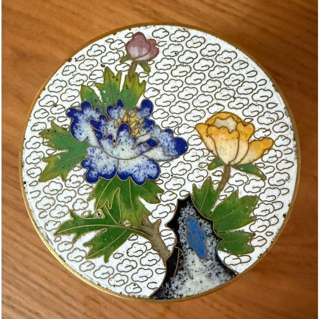 Late 20th Century Matched Pair: Chinese Cloisonné Enamel Covered Brush Pot & Ginger Jar Vase For Sale - Image 5 of 9