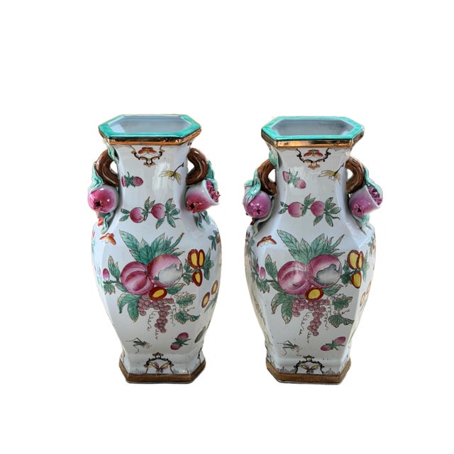Pair of Famille Rose Vases Pomegranate Handles For Sale - Image 4 of 13