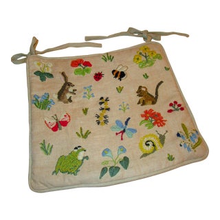 Whimsical Embroidered Seat or Pillow Covering With Tiny Animals For Sale