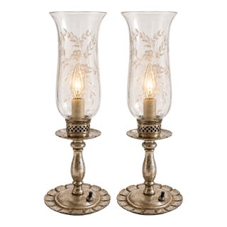 Vintage Patinated Silver Etched-Glass Hurricane Lamps - a Pair For Sale