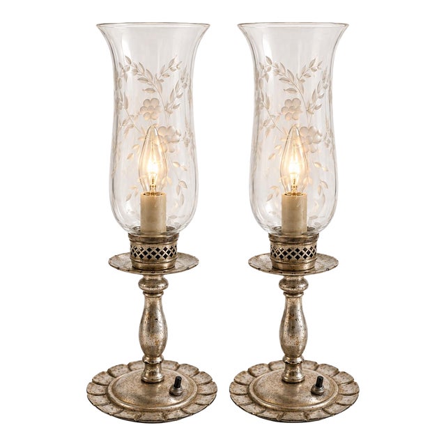 Vintage Patinated Silver Etched-Glass Hurricane Lamps - a Pair For Sale