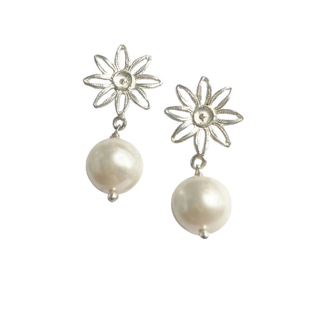 Custom Made 11.7mm Round White Pearl Stud Earrings W/Filigree Sterling Silver For Sale - Image 4 of 6