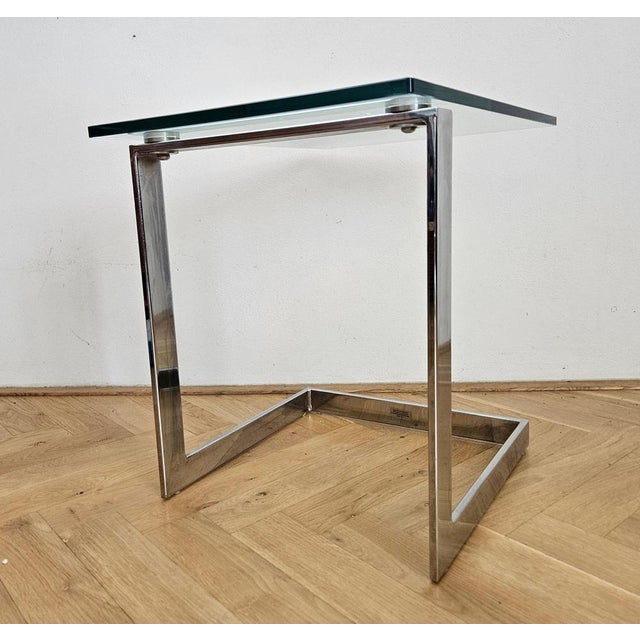 Glass Mid-Century Cantilevered Glass & Chrome Side Coffee Table Gebra, 1980s For Sale - Image 7 of 17