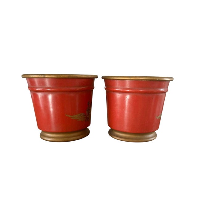 Mid 20th Century Vintage French Tole Chinoiserie Gilt & Orange Cache Pot / Jardinere / Planter, a Pair For Sale - Image 5 of 10