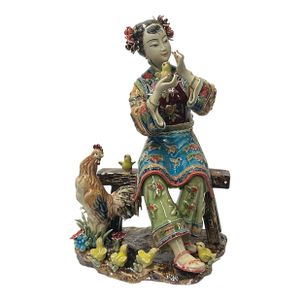 Chinese Porcelain Qing Style Dressing Rooster Chicken Lady Figure