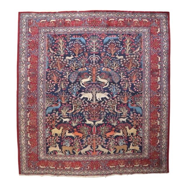 Early 20th Century Zabihi Collection Jewel Toned Botanical Persian Meshed Animal Pictorial Rug - 11'7" x 13'10" For Sale