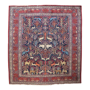 Early 20th Century Zabihi Collection Jewel Toned Botanical Persian Meshed Animal Pictorial Rug