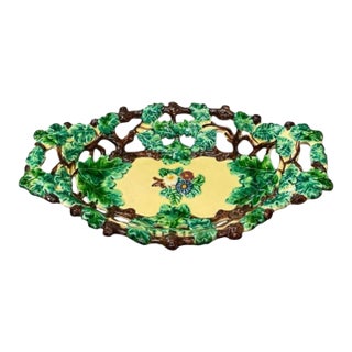 Vintage Majolica Oak Leaf and Acorn Reticulated Footed Centerpiece Bowl For Sale