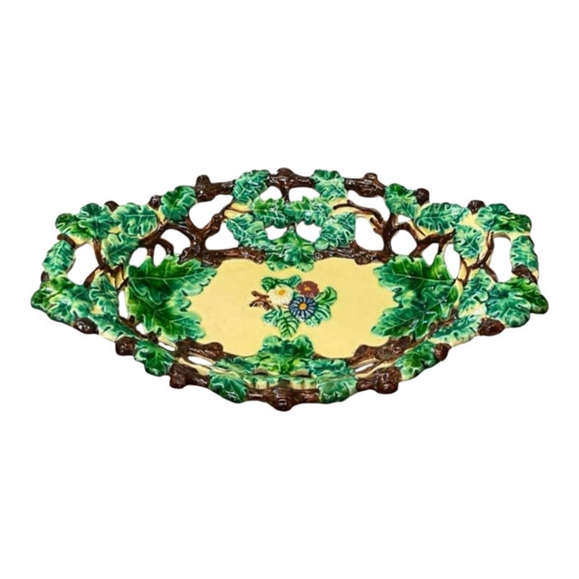 Vintage Majolica Oak Leaf and Acorn Reticulated Footed Centerpiece Bowl For Sale