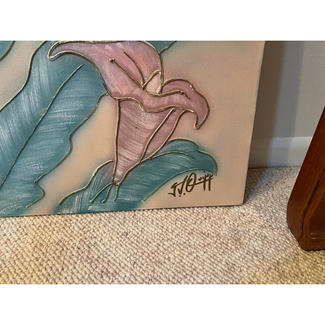 1980s artwork depicts four stylized calla lilies with large green leaves on a muted, warm-toned background. Pink /Mauve...