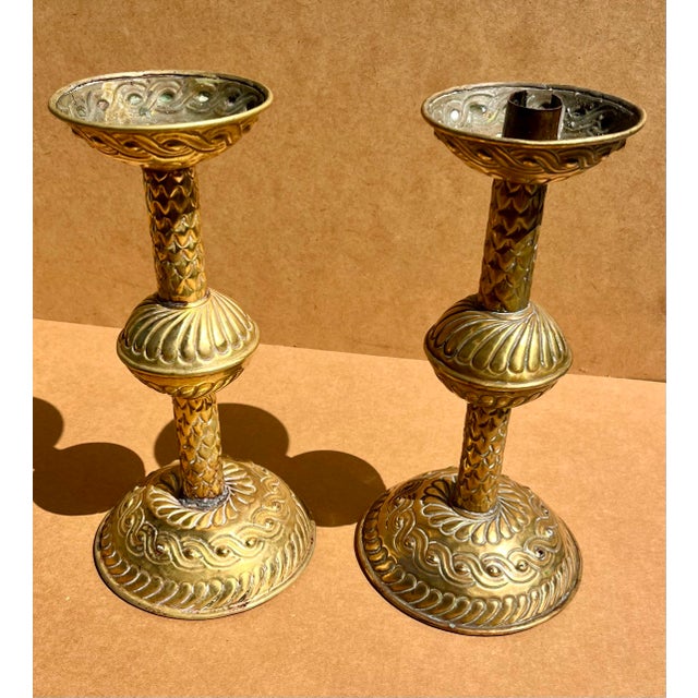 Brass Large Pair of English Renaissance Repousse Brass Candlesticks. For Sale - Image 8 of 11