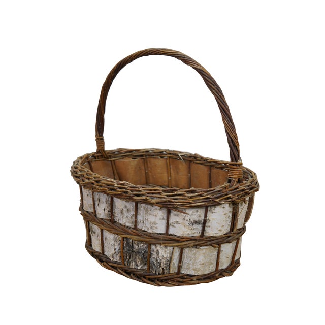 Large vintage woven tree bark harvest / market / shopping basket. Rustic country / farmhouse design with braided top edge...