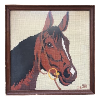 Framed Vintage Equestrian Needlepoint Horse Portrait, Signed & Dated 1978 For Sale